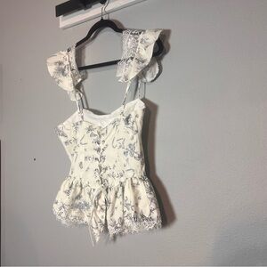 Corset Babydoll Tank Top Ruffles Cream Blue Size Medium Floral Birds Cottagecore